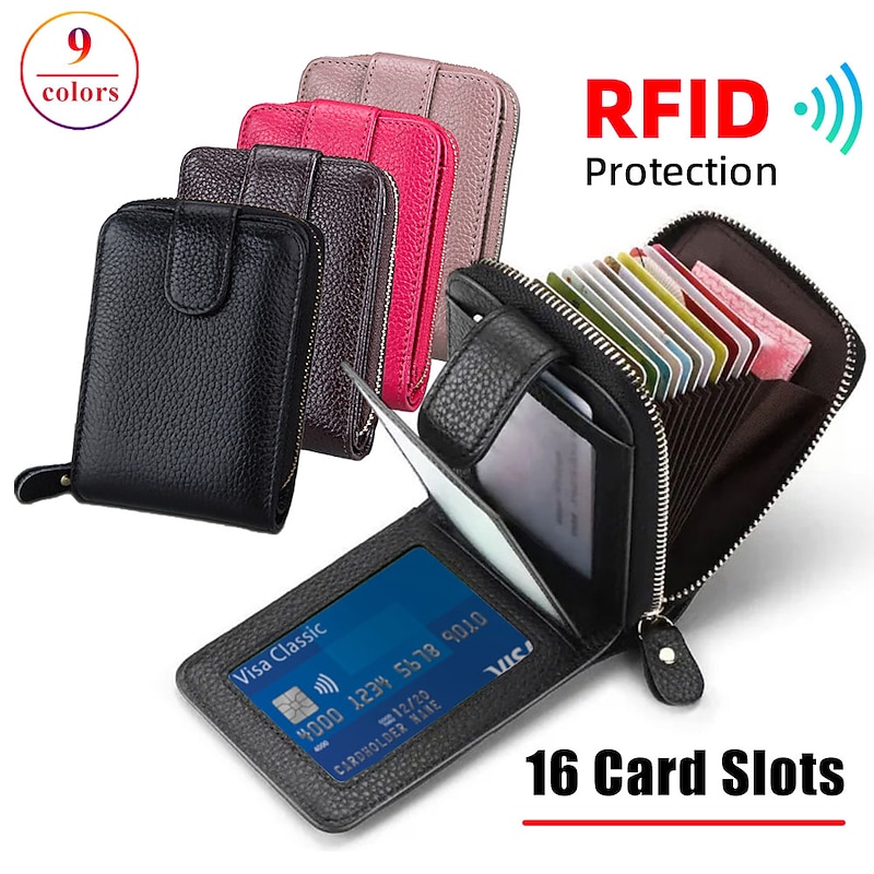 Rfid Credit Card Holder 16 Card Slots Wallet Genuine Leather Driver License ID Card Holder Walet Credit Card Case with Magnetic Shut Single Compartment for Women Men