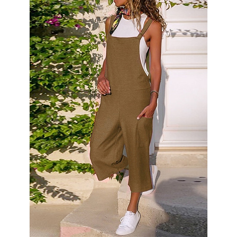 Black Jumpsuit for Women Utility Overall Pocket Solid Color U Neck Streetwear Daily Vacation Regular Fit Strap Wine Army Green S M L Summer Fall3