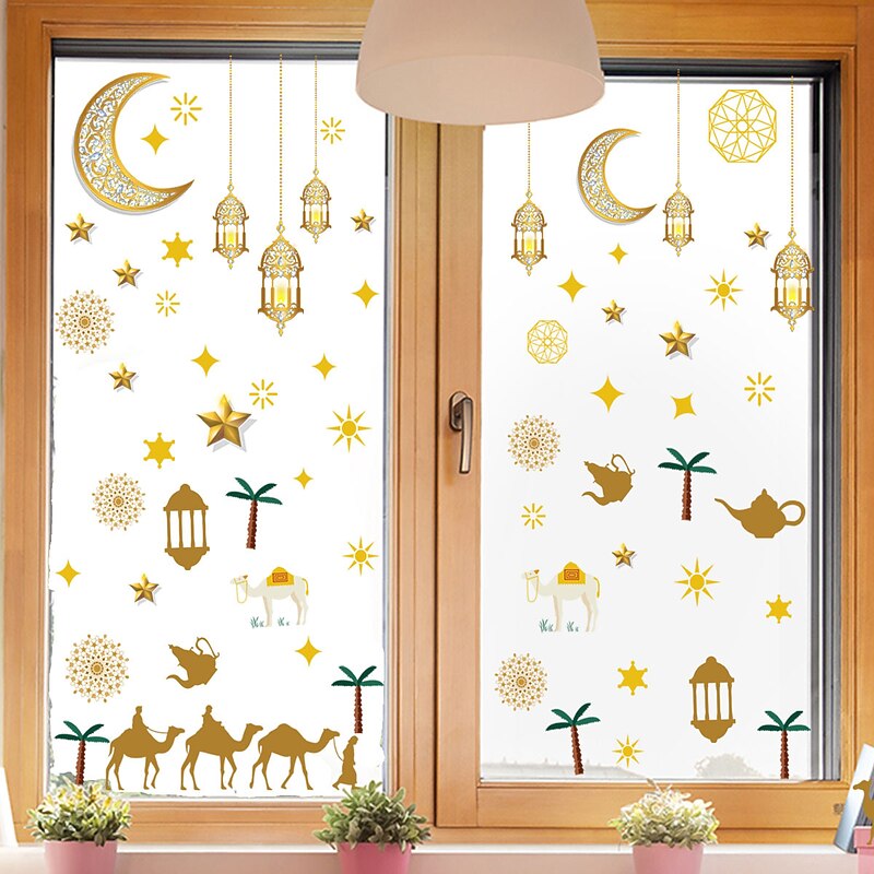 Ramadan Festival 2 Pcs  Moon Lantern Star Wall Decal Paper Static Sticker Glass Sticker Window Double-sided Visible Decorative Wall Decal Muslim3