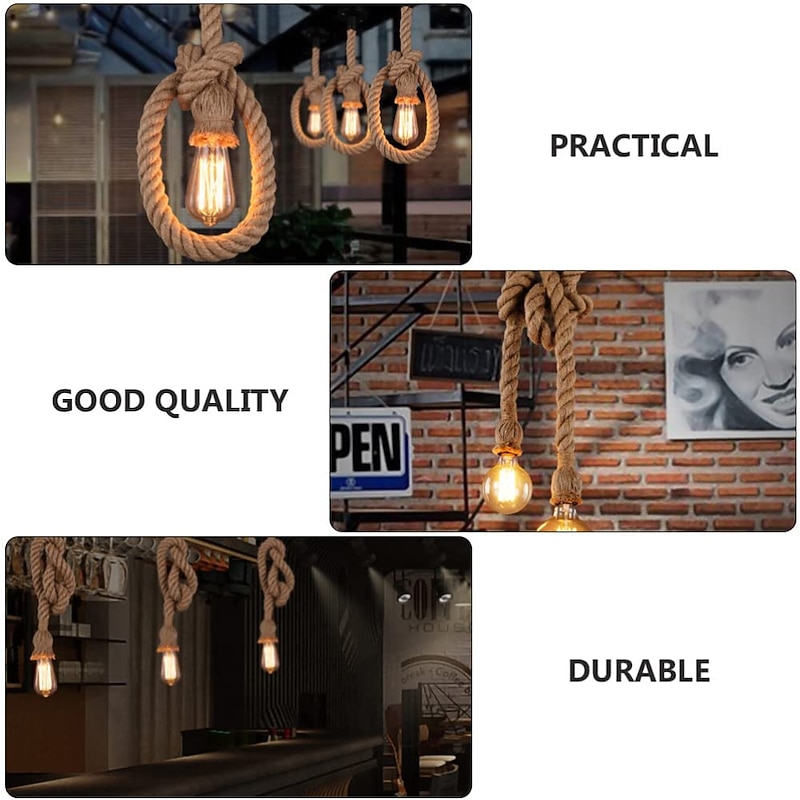 Vintage Hemp Rope Pendant Light Fixture 1 Head 1.5 Meter E26/E27 Base,Retro Hemp Rope Hanging Light Vintage Ceiling Light Lamp Retro Style For Dining Hall Restaurant Bar Lighting， bulb not included4