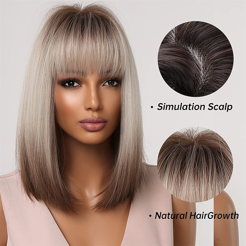 Brown Blonde Ombre Bob Wigs for Women Cosplay Wig with Bangs Dark Roots Gray Natural Hair Synthetic Wig2