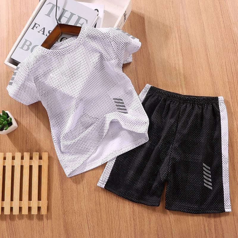 2 Pieces Kids Boys Tracksuits Outfit Color Block Short Sleeve Crewneck Cotton Set Sports Summer Spring 7-13 Years White Yellow Light Green3