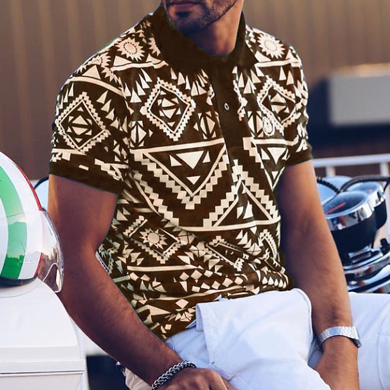 Men's Tribal Polo Shirts Golf Shirt Short Sleeve Polo Shirts Collared Shirts Vintage Casual Vacation Wear Festival Wear Party Outfits Buttons 3D Print Black Royal Blue Brown3