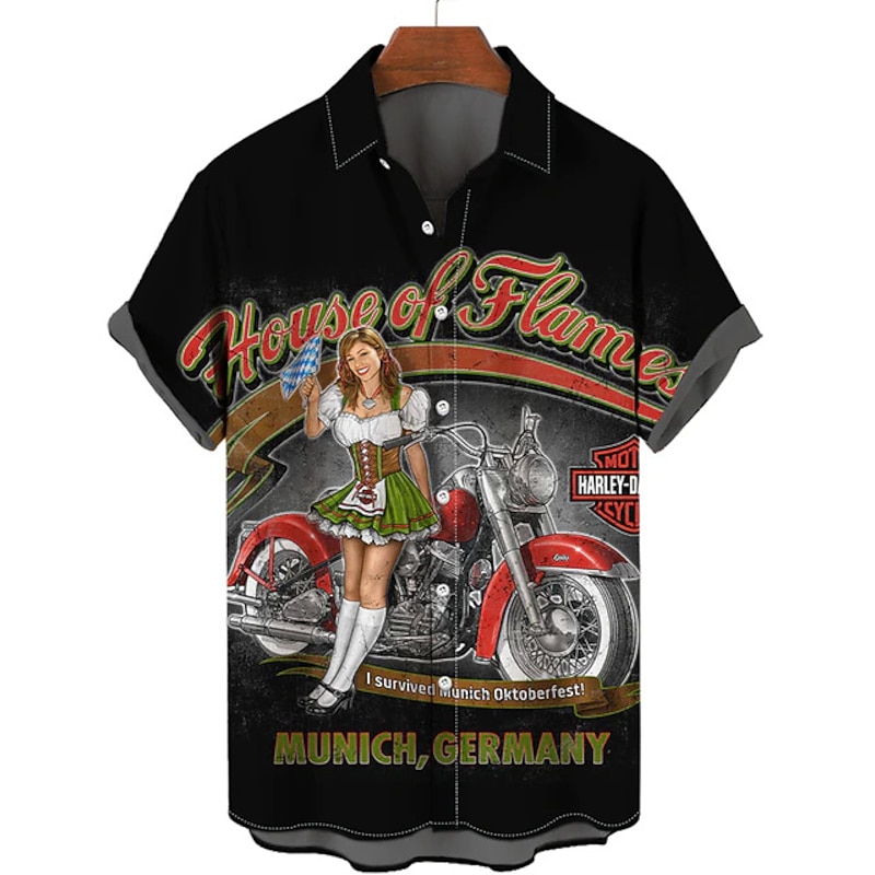 Men's Letter Motorcycle Pin Up Girl Shirt Summer Hawaiian Shirt Aloha Shirt Short Sleeves Shirt Turndown Vintage Tropical Fashion Street Casual Hawaiian Light Yellow Black Yellow S M L4