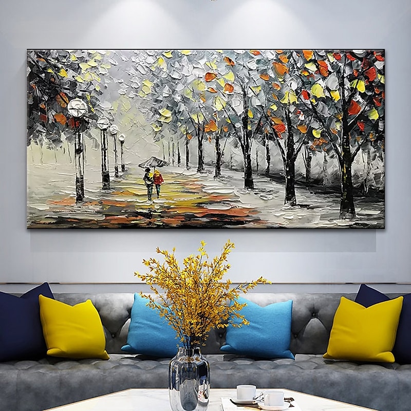 Landscape Oil Painting Wall Art On Canvas Two People With Umbrellas Strolling Along The Forest Path Home Decoration Decor Rolled Canvas No Frame Unstretched4