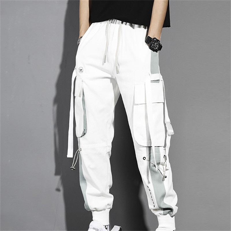 Men's Cargo Pants Cargo Trousers Joggers Trousers Cropped Pants Drawstring Elastic Waist Multi Pocket Color Block Comfort Wearable Casual Daily Holiday Sports Fashion Black White2