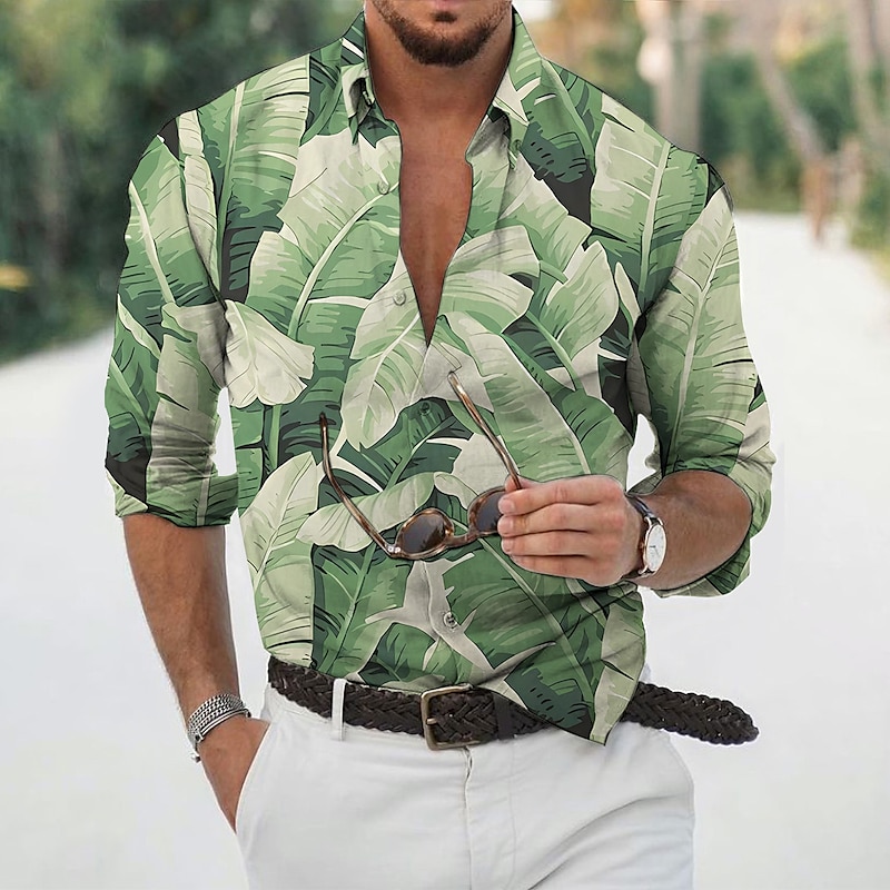 Men's Leaves Tropical Plants Shirt Summer Hawaiian Shirt Aloha Shirt Long Sleeve Shirt Turndown Fashion Designer Casual Vacation Daily Holiday Light Green Pink Dark Green 3D Print S M L3