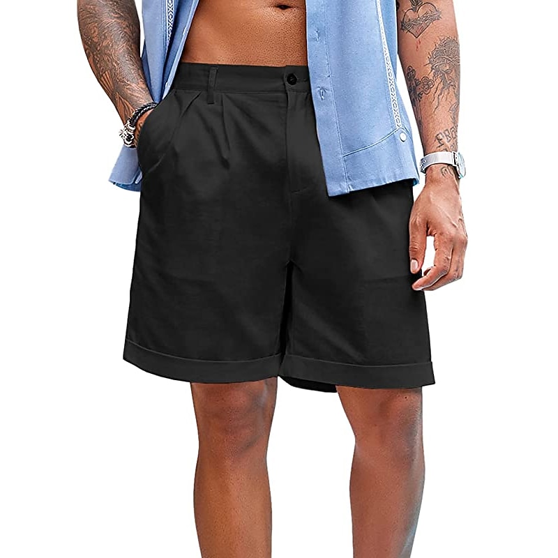 Men's Shorts Linen Shorts Dress Shorts Summer Shorts Beach Shorts Pocket Plain Comfort Breathable Outdoor Daily Going out Fashion Streetwear Black White4