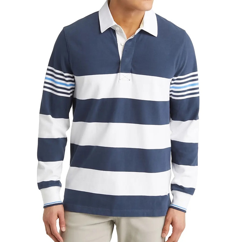 Men's Stripe Rugby Polo Shirts Long Sleeve Polo Shirts Lapel Fashion 3D Print Comfortable Street Casual Holiday Buttons Summer Navy Blue