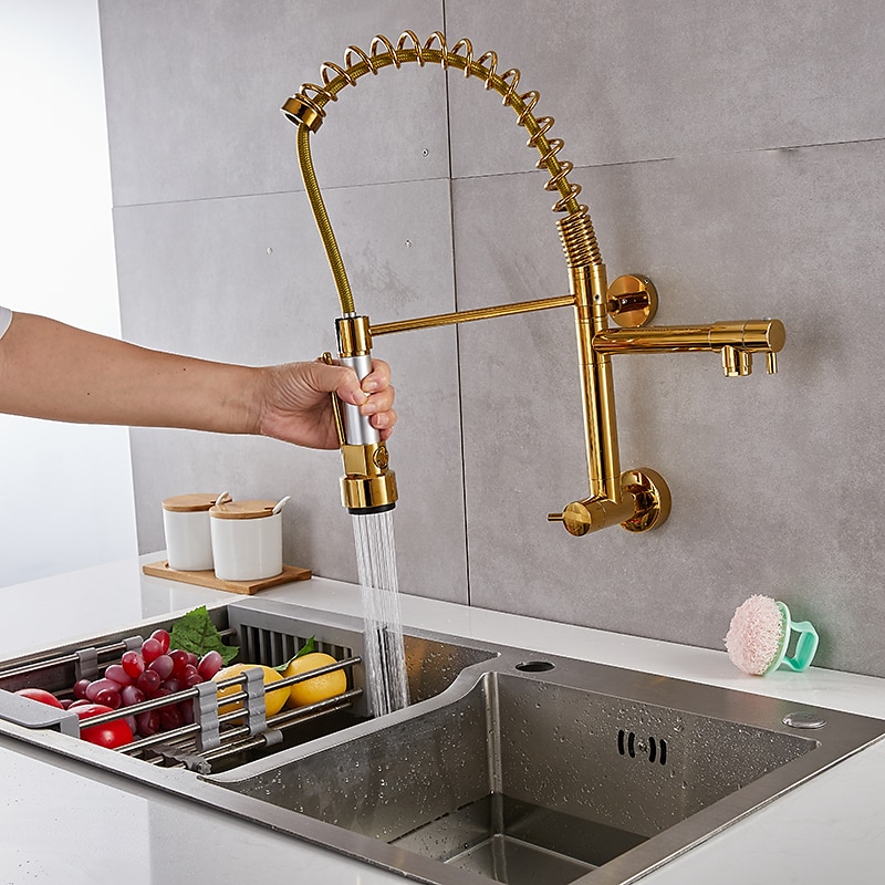 Wall Mounted Kitchen Sink Faucet Only Cold Water Pull Down Sprayer, 360 Swivel Pull Out Kitchen Taps 2 Sprayer Mode Vessel Water Tap Gold Black Chrome 6