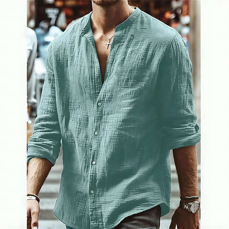 Men's Shirt Summer Shirt Beach Wear Band Collar Shirt Button Up Shirt Solid Color Outdoor Vacation Black Blue Green Long Sleeve Collar Spring Fall Clothing Apparel Button-Down