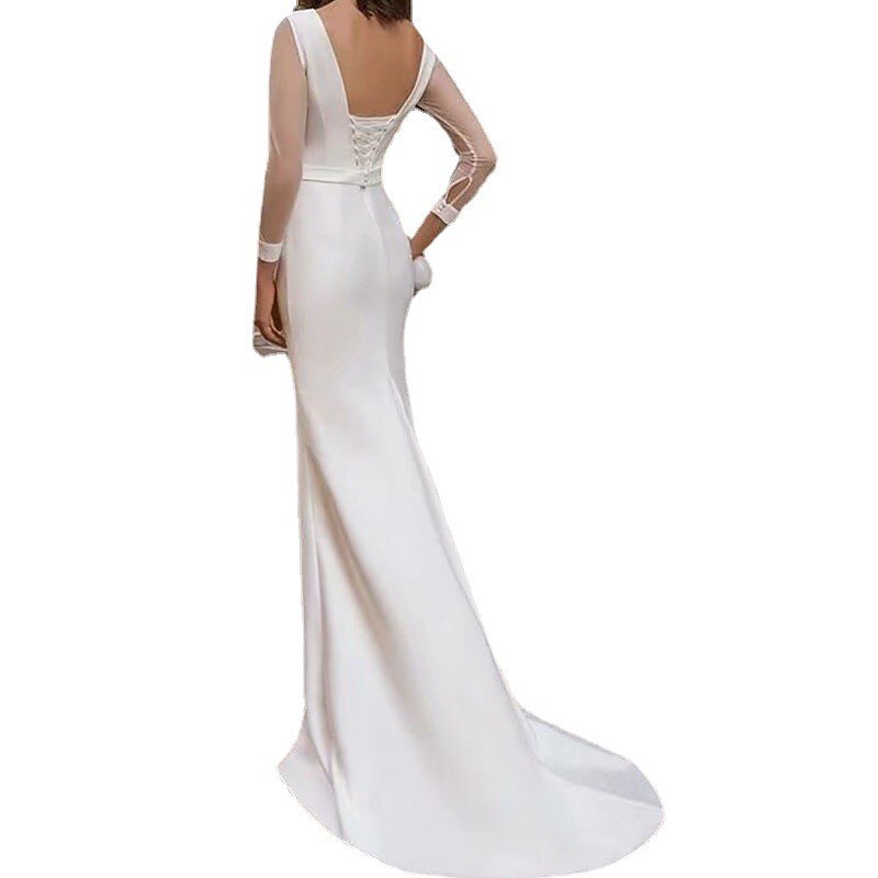 Reception Royal Style Simple Wedding Dresses Mermaid Scoop Neck Long Sleeve Sweep / Brush Train Satin Bridal Gowns With Solid Color Summer Wedding Party  dress to impress Fall Wedding4