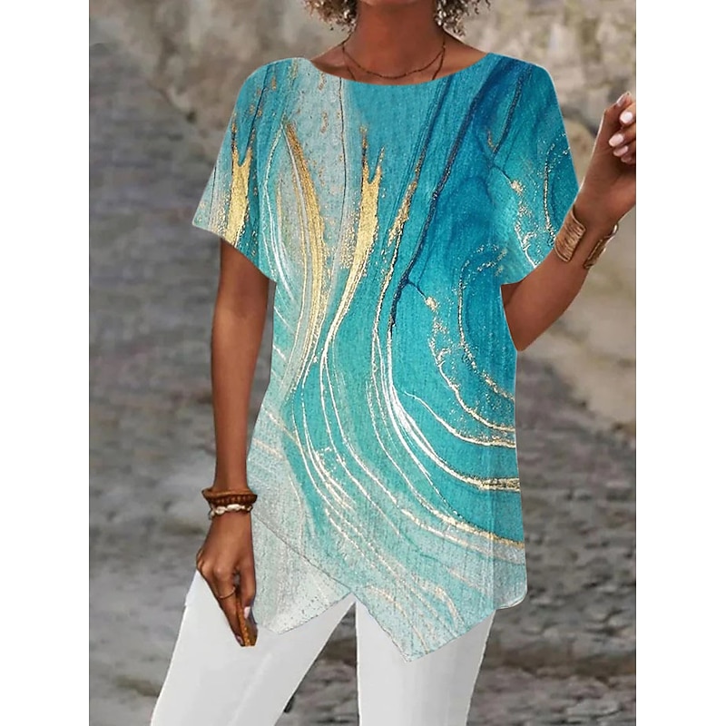 Women's Blouse Asymmetrical Hem Basic Abstract Print Short Sleeve Long Tops Round Neck Casual Silver Black White Blue Khaki3