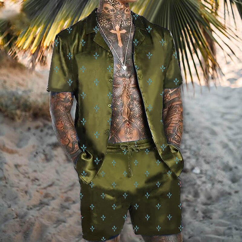 Men's Floral Geometric Pattern 2pcs Shirts Sets Summer Hawaiian Shirt Short Sleeve Short Pants Turndown Tropical Fashion Hawaiian Casual Holiday Beach Print Summer Spring Light Green Red Blue3