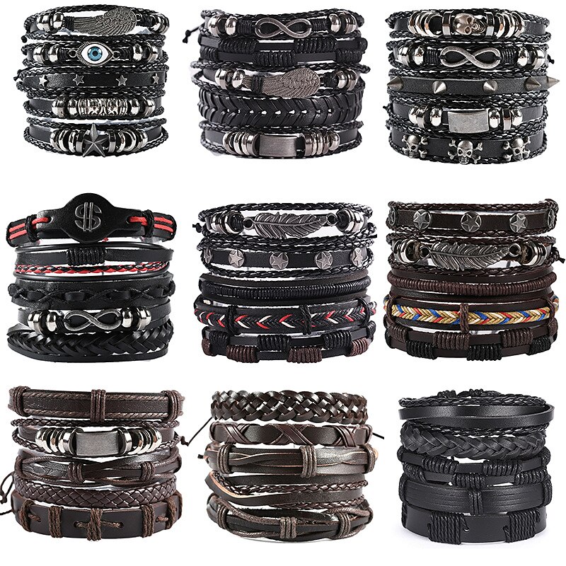 Leather Handwoven Men's Bracelet Hip Hop Punk Diy Set Series Headpiece