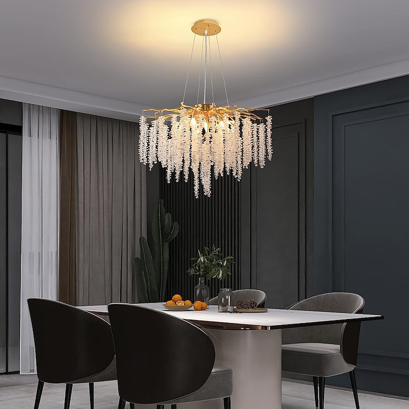 Long Hanging Rattan Crystal Chandelier 6 lamps 23.5 in/ 8 lamps 31.2 in G9 Modern Gold Chandelier Lighting Branches Restaurant Chandelier Hanging Lamps AC85-265V2