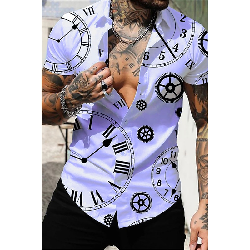 Men's Clock Shirt Button Up Shirt Short Sleeve Vintage Sports Fashion Casual Daily Holiday Summer Spring Turndown Print Button-Down Light Yellow White Purple Orange Green4