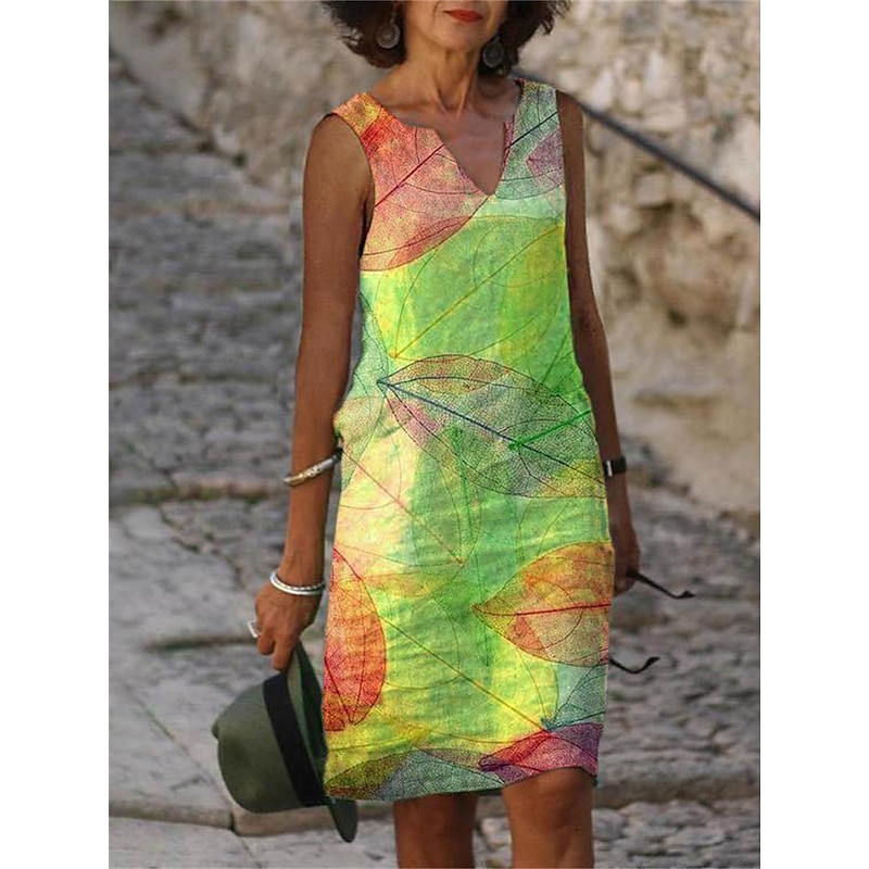 Women's Midi Dress Tank Dress Summer Dress Print Dress Fashion Streetwear Basic Outdoor Vacation Street Loose Fit Floral Leaf Short Sleeve V Neck Yellow Blue Green Light Blue Summer Spring4