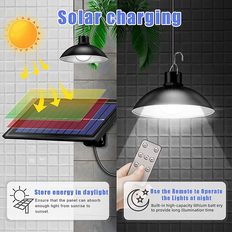 Solar Pendant Lights Outdoor Indoor String Lights Dimmable IP65 Waterproof Dual Head Solar Shed Light with 3M Cord and Remote Controller4