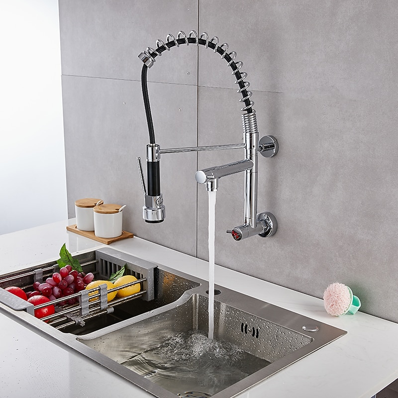 Wall Mounted Kitchen Sink Faucet Only Cold Water Pull Down Sprayer, 360 Swivel Pull Out Kitchen Taps 2 Sprayer Mode Vessel Water Tap Gold Black Chrome4