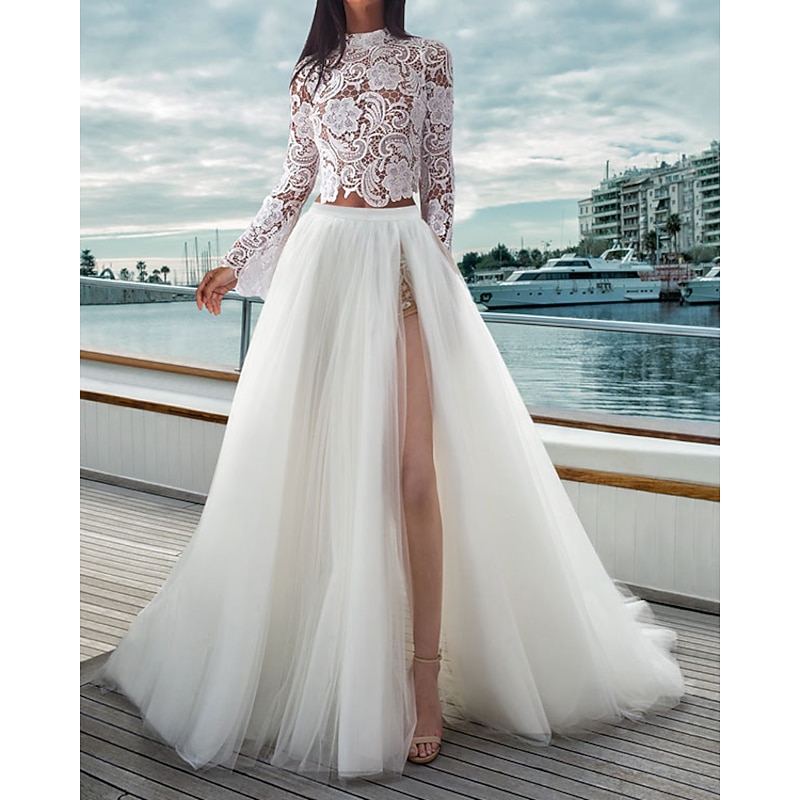 Boho Wedding Dresses Beach Wedding Separates High Neck Long Sleeve Separates Lace Bridal Tops Bridal Gowns With Appliques  dress to impress Fall Wedding ( Top Only )2