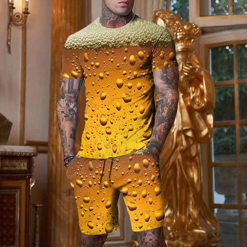 Men's Oktoberfest Beer 2pcs Tees sets Tee Set Short Sleeve Short Pants Crew Neck Designer Casual Comfortable Outdoor Vacation Daily 3D Print Spring & Summer Dark Yellow Black & Yellow Black