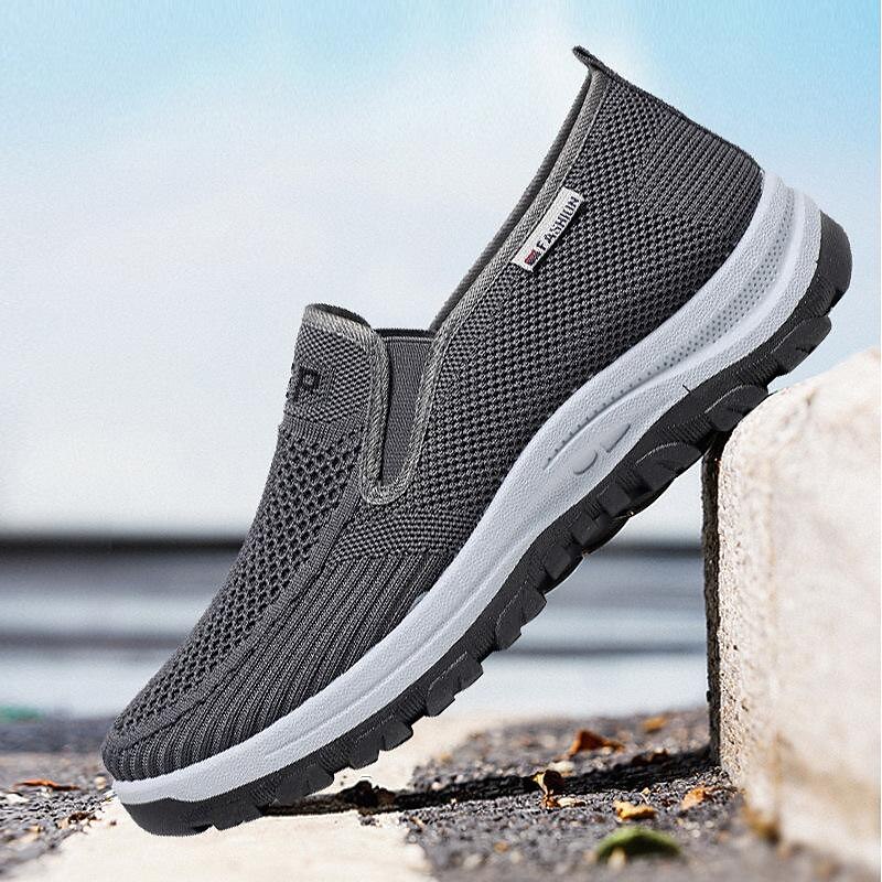 Men's Grey Mesh Slip-On Sneakers – Comfortable Athletic Shoes with Breathable Fabric for Walking, Running & Outdoor Activities