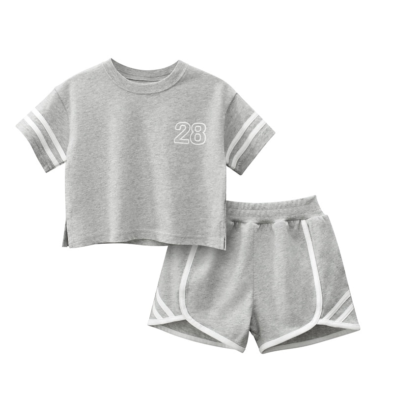 2 Pieces Kids Girls' Letter Shorts Suit Set Short Sleeve Active Casual Cotton 7-13 Years Summer Pink Gray3