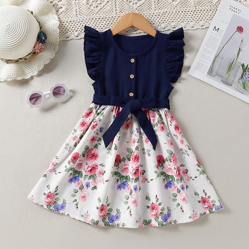 Kids Girls' Dress Floral Short Sleeve Casual Active Daily Cotton Above Knee Casual Dress A Line Dress Summer Spring 2-8 Years Pink Navy Blue2