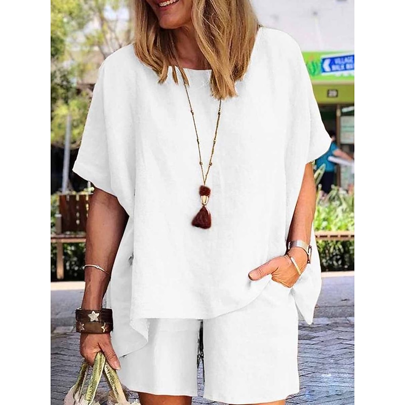 Women's Fashion Comfort Soft Linen-Inspired Sets Two Piece Sets Short Sleeve Short Pant Crew Neck Pure Color Pocket Elastic Waist Vacation Home Daily White Army Green Khaki Summer2