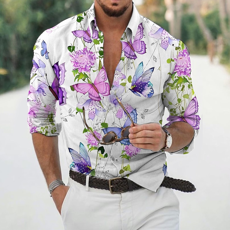 Men's Floral Tropical Flowers Shirt Summer Hawaiian Shirt Aloha Shirt Long Sleeve Shirt Turndown Fashion Designer Casual Vacation Daily Holiday Light Green Light Purple Purple 3D Print S M L2