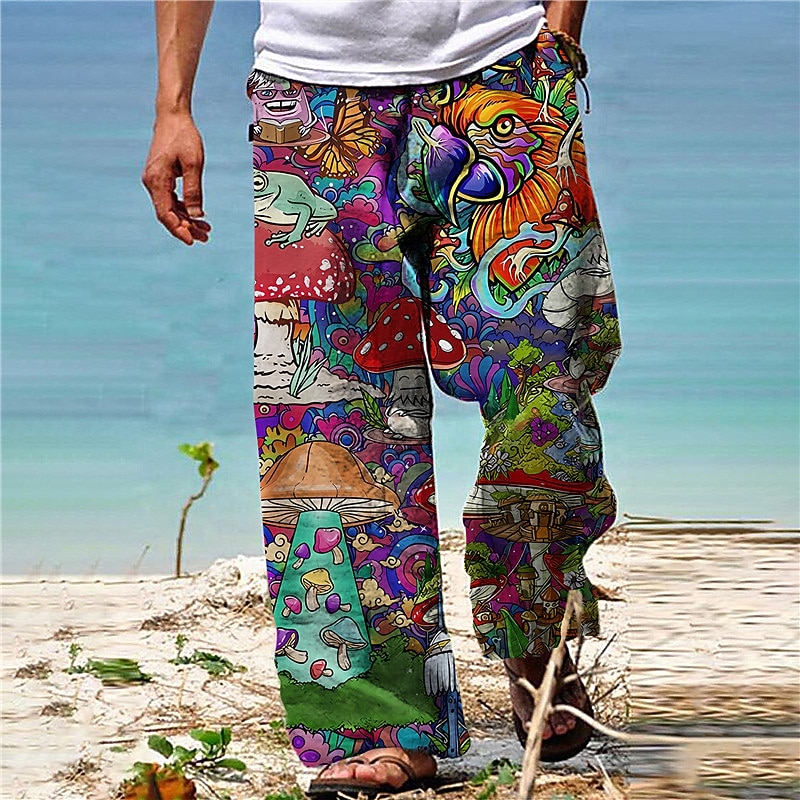 Men's Trousers Summer Pants Beach Pants Drawstring Elastic Waist 3D Print Graphic Prints Mushroom Comfort Casual Daily Holiday Cotton Blend Streetwear Hawaiian Red Purple2