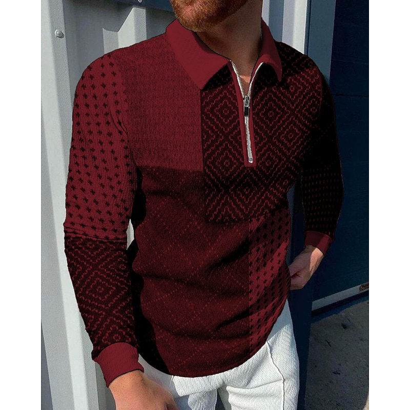 Men's Plaid Zip Polo Shirts Golf Shirt Long Sleeve Polo Shirts Collared Shirts Vintage Casual Vacation Wear Formal Wear Festival Wear 3D Print Quarter Zip Polo Black Yellow Red2