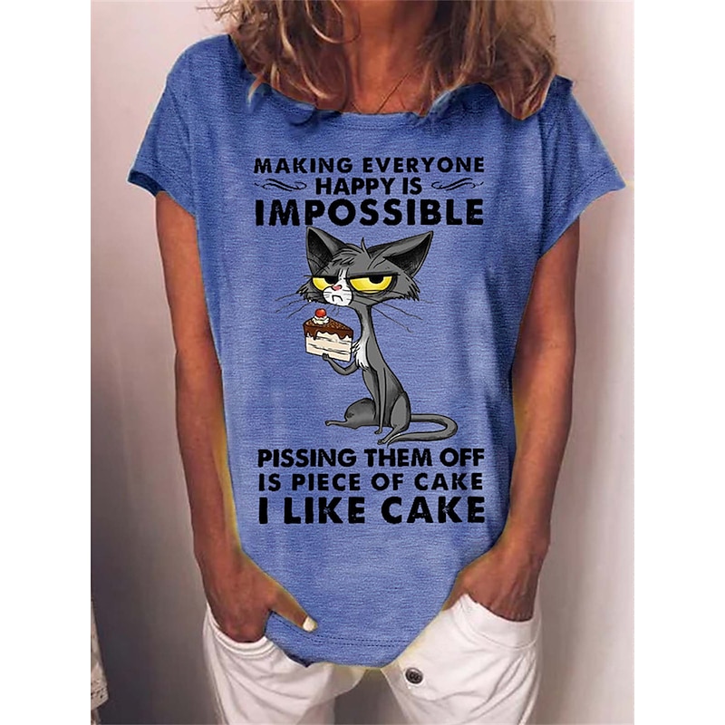 Women's T Shirt Cat Letter Text Basic Short Sleeve Round Neck Regular Tops Daily Weekend Print White Red Blue Green Gray Spring, Fall, Winter, Summer2