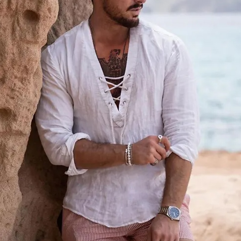Men's Summer Shirt Beach Shirt Plain Casual Daily White Blue Khaki Gray Long Sleeve V Neck Summer Clothing Apparel Lace up2