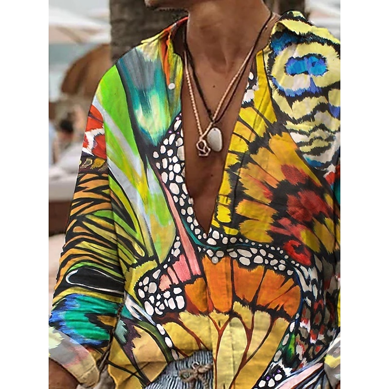Men's Butterfly Shirt Summer Hawaiian Shirt Aloha Shirt Long Sleeve Shirt Turndown Fashion Streetwear Designer Outdoor Street Casual White Yellow Green S M L2