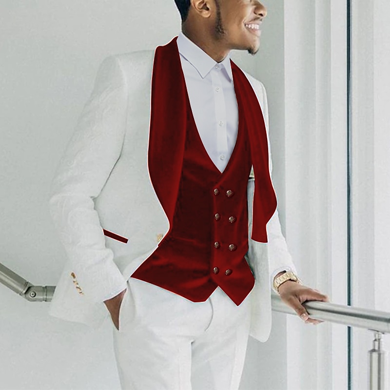 Men's Velvet Wedding Prom Party Tuxedos Red Burgundy Solid Colored Standard Fit 3 Piece Single Breasted One-button3