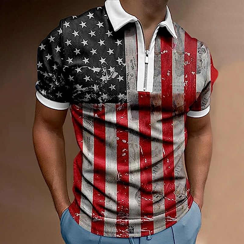 Men's American Flag Veterans Zip Polo Shirts Golf Shirt Short Sleeve Polo Shirts Collared Shirts Casual Streetwear Vacation Wear Party Outfits 3D Print Quarter Zip Polo Black White Black / Purple4