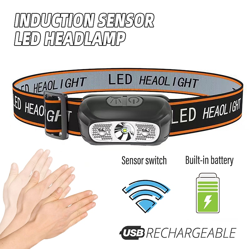 LED Headlamp Rechargeable Induction Sensor Waterproof Headlight Flashlight Ultra-light Lamp Body Used for Cycling Camping Etc. Shustar2