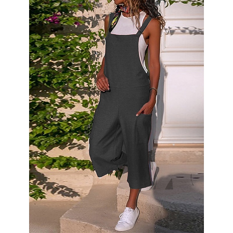 Black Jumpsuit for Women Utility Overall Pocket Solid Color U Neck Streetwear Daily Vacation Regular Fit Strap Wine Army Green S M L Summer Fall4