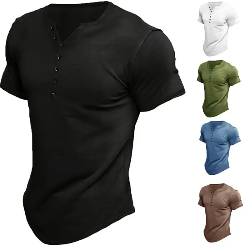 Men's T shirt Tee Henley Shirt Tee Top Plain V Neck Street Vacation Short Sleeves Button Clothing Apparel Fashion Basic