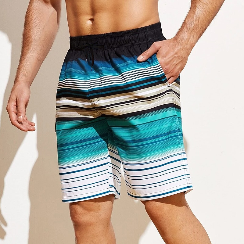 Men's Board Shorts Swim Shorts Swim Trunks Drawstring with Mesh lining Elastic Waist Gradient Stripe Quick Dry Short Casual Daily Holiday Hawaiian Boho Blue Orange Micro-elastic2