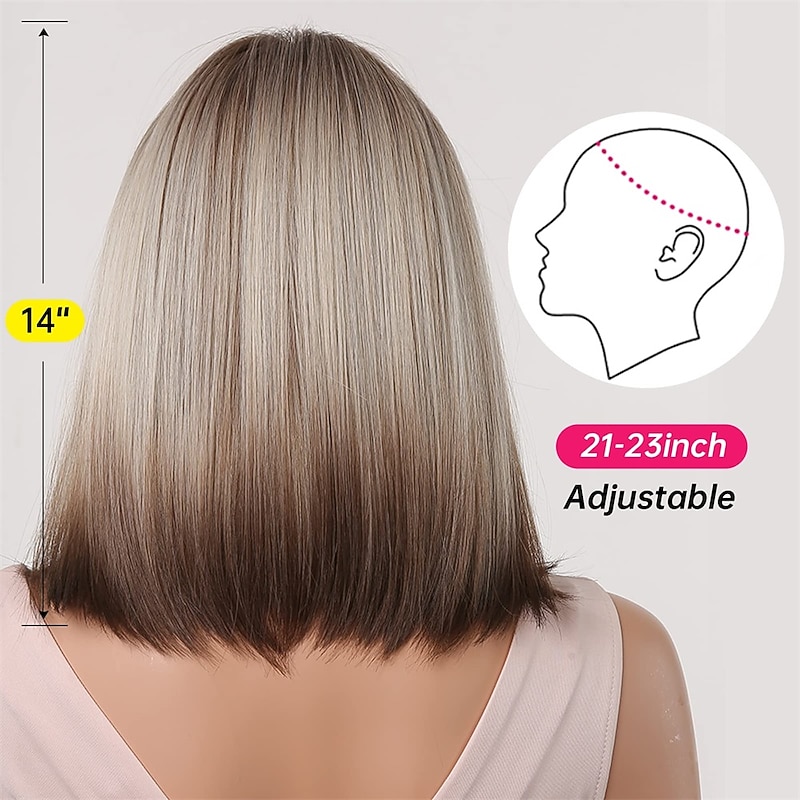 Brown Blonde Ombre Bob Wigs for Women Cosplay Wig with Bangs Dark Roots Gray Natural Hair Synthetic Wig3