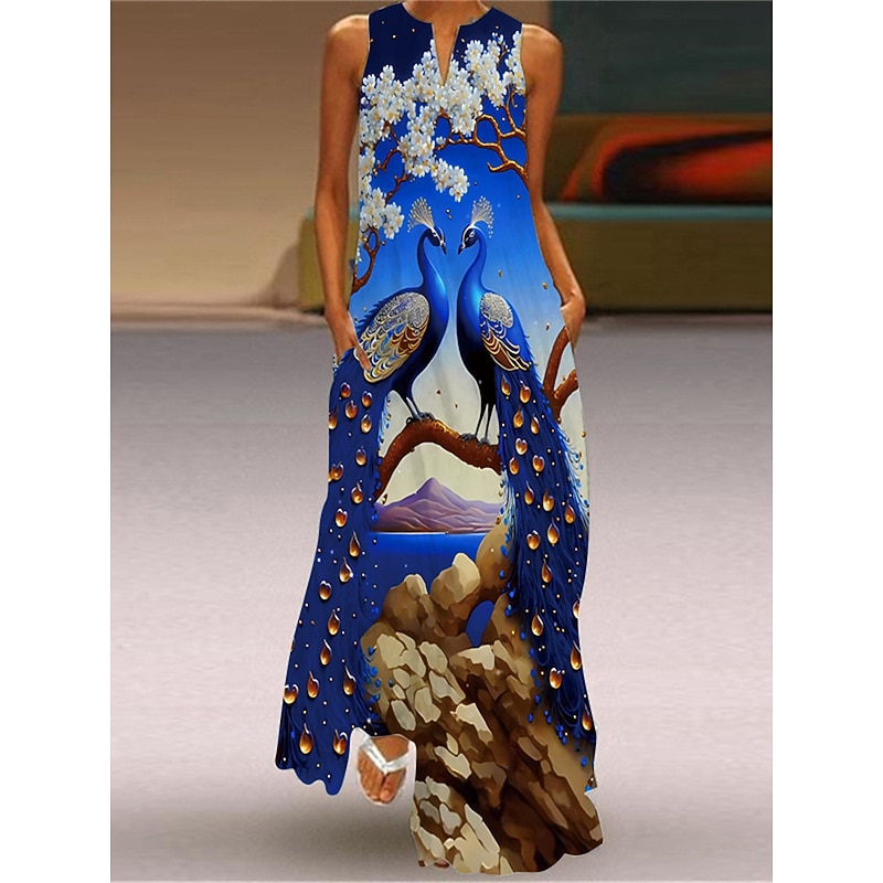 Women's Maxi long Dress Midi Dress Casual Dress T Shirt Dress Tee Dress Print Dress Streetwear Casual Outdoor Vacation Going out Regular Fit Floral Peacock Fish Sleeveless V Neck Yellow Royal Blue3