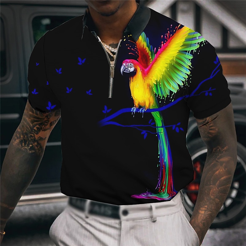 Men's Parrot Hawaiian Polo Shirts Golf Shirt Short Sleeve Polo Shirts Collared Shirts Casual Funny Beach Wear Vacation Wear Party Outfits 3D Print Quarter Zip Polo Yellow Red Blue