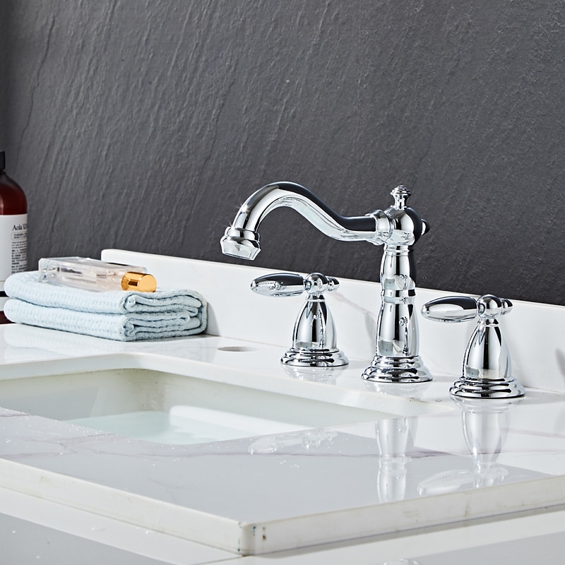Widespread Bathroom Sink Mixer Faucet, 3 Hole 2 Handle Brass Basin Taps Vessel Water Tap Washroom with Hot and Cold Hose Deck Mounted, Wash Basin Faucet2