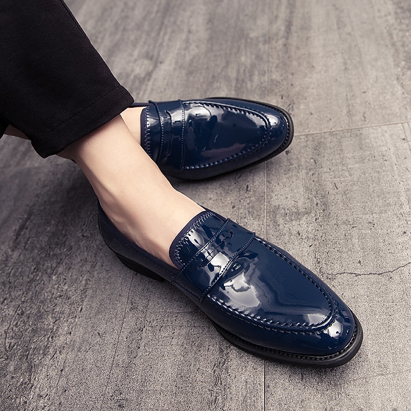 Men's Navy Blue Patent Faux Leather Loafers – Classic Slip-On Dress Shoes with High-Gloss Finish, Perfect for Formal Occasions and Business Wear4