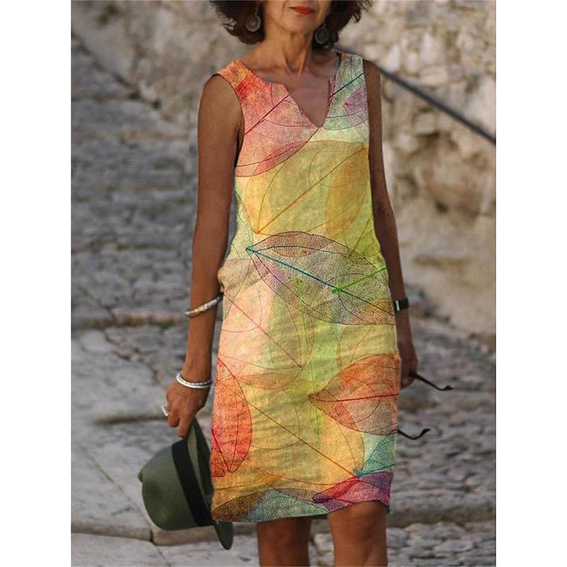 Women's Midi Dress Tank Dress Summer Dress Print Dress Fashion Streetwear Basic Outdoor Vacation Street Loose Fit Floral Leaf Short Sleeve V Neck Yellow Blue Green Light Blue Summer Spring