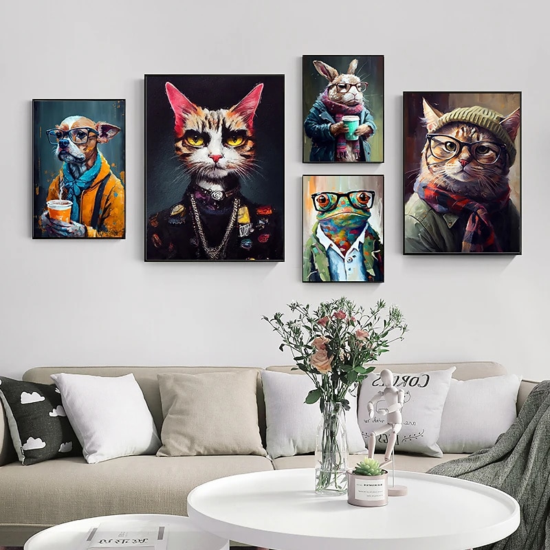 1pc Punk Rock Cat Portrait Oil Painting Wall Art Original Artwork Print Felino Anmail Mpressionist Home Decor Animal House Pet Decor