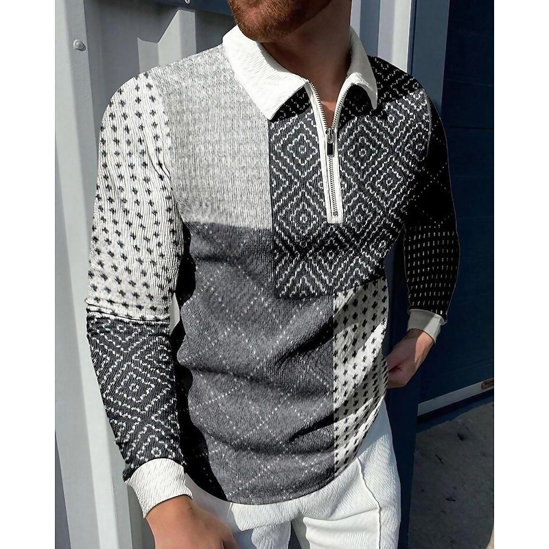 Men's Plaid Zip Polo Shirts Golf Shirt Long Sleeve Polo Shirts Collared Shirts Vintage Casual Vacation Wear Formal Wear Festival Wear 3D Print Quarter Zip Polo Black Yellow Red